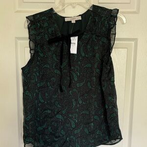 LOFT Black and Green Paisley Tie-Neck Ruffle Shell